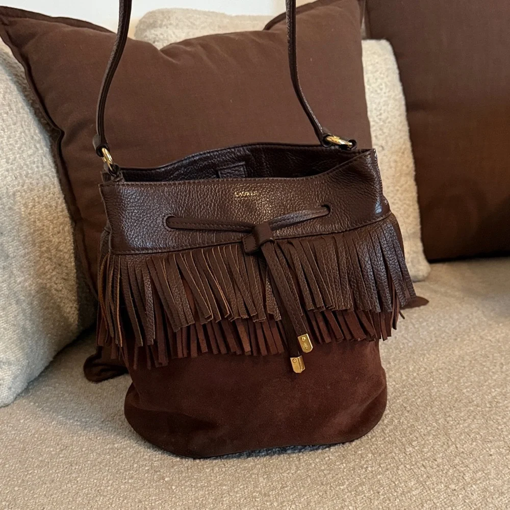 Ralph Lauren - Western Chic Brown Fringe Leather Bucket Bag - Picture 1 of 9
